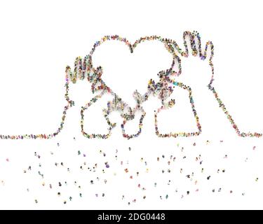 Große Menschenmenge Maske 3D gerendert von oben gesehen In der Form der Liebe Stockfoto