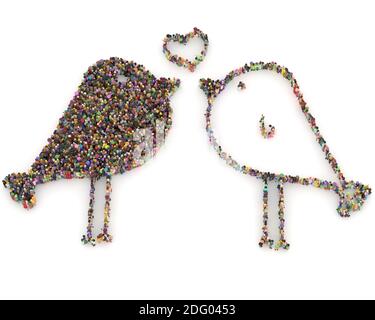 Große Menschenmenge Maske 3D gerendert von oben gesehen In der Form der Liebe Stockfoto