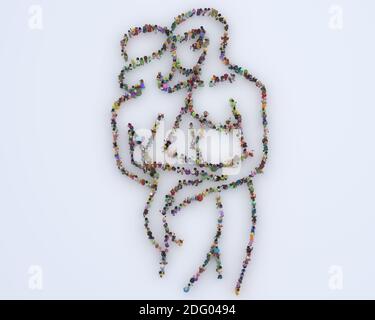 Große Menschenmenge Maske 3D gerendert von oben gesehen In der Form der Liebe Stockfoto