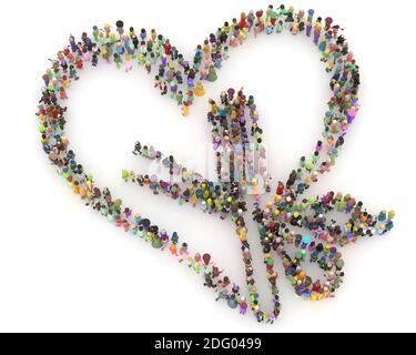 Große Menschenmenge Maske 3D gerendert von oben gesehen In der Form der Liebe Stockfoto