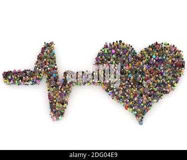 Große Menschenmenge Maske 3D gerendert von oben gesehen In der Form der Liebe Stockfoto