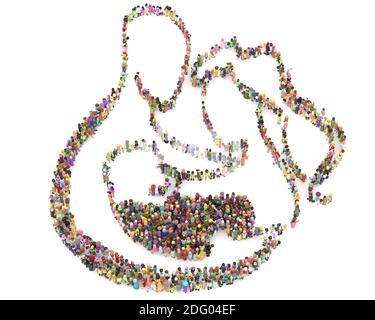 Große Menschenmenge Maske 3D gerendert von oben gesehen In der Form der Liebe Stockfoto