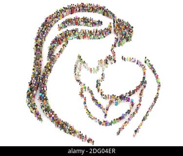 Große Menschenmenge Maske 3D gerendert von oben gesehen In der Form der Liebe Stockfoto