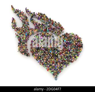 Große Menschenmenge Maske 3D gerendert von oben gesehen In der Form der Liebe Stockfoto