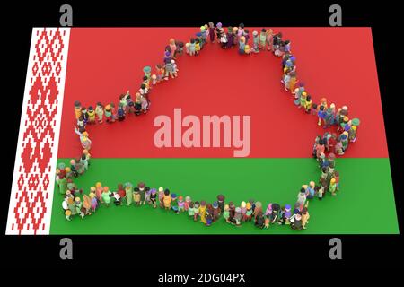 Große Menschenmenge mit Maske 3D gerendert aus gesehen Oben in Form der Weißrusslandkarte Stockfoto