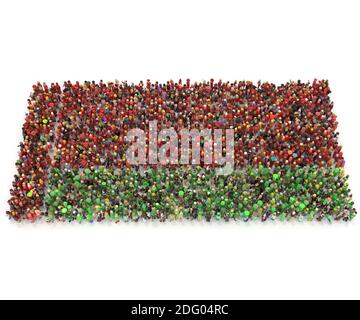 Große Menschenmenge mit Maske 3D gerendert aus gesehen Oben in Form der Weißrusslandkarte Stockfoto