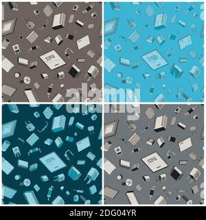 Stilisierte nahtlose in alle Richtungen Illustrationen von elektronischen Bauteilen und Schaltkreisen im Retro-Stil. Stock Vektor