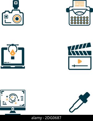 Media Icons für Agentur Unternehmen, Grafik-Design, Motion Graphic, Kamera-Symbol, Schreibmaschine Symbol, Film Clap Stock Vektor