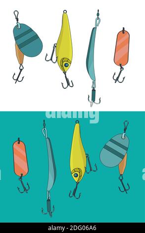 Stilisierte Vektordarstellung eines schwimmenden Minnow Angeln harten Köder Setzen Stock Vektor