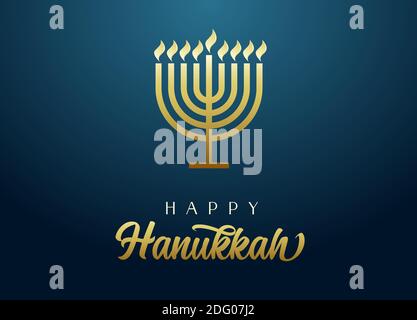 Happy Hanukkah goldene Menorah mit Schriftzug, Kerzen und Flammenlicht auf blauem Hintergrund. Jüdische Feiertag hanuka Vektor-Illustration Stock Vektor