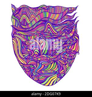 Bright Psychedelic surreal Schamanisch Abstraktes Gesicht mit vielen bunten Mustern Neon Pastellfarbe, isoliert auf weiß. Stock Vektor