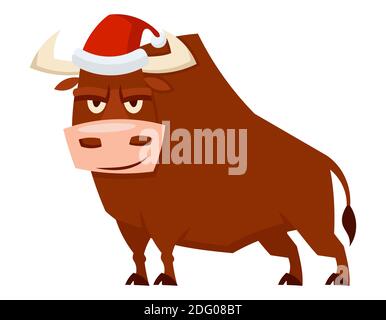 Bull in Santa hat drei Viertel Ansicht. Symbol des Jahres 2021. Stock Vektor