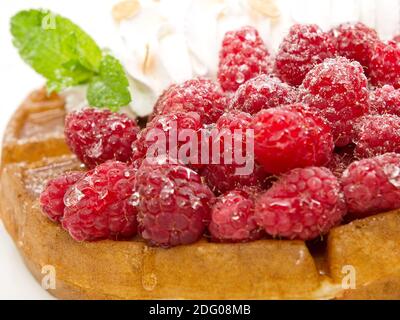 Waffeln mit Himbeeren und Schlagsahne Stockfoto