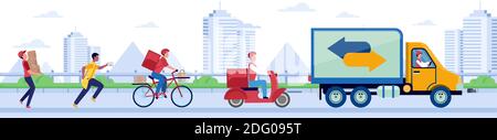 Versanddienstkonzept. Vektor von verschiedenen Arten der Lieferung mit LKW, Roller, Fahrrad und zu Fuß deliveryman Stock Vektor