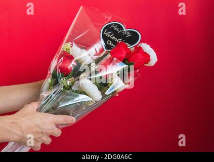 Die Hände einer Frau halten einen Strauß von roten und weißen Rosen, mit einem Tafelherz mit der Botschaft "Happy Valentine's Day" in Kreide geschrieben, gegen ein Stockfoto