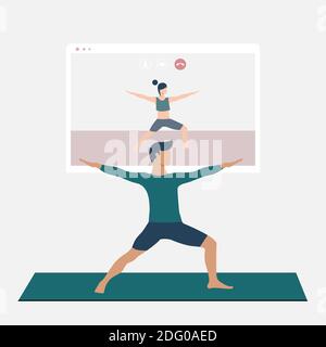 Ein junger Mann, der in der Kriegerpose Virabhadrasana steht. Der Mann, der online Yoga schaut, übt im Fernsehen oder Projektor. Bleib zu Hause Konzept. Aktivität zu Hause Stock Vektor