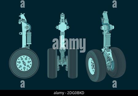 Stilisierte Vektordarstellung von Farbzeichnungen der Frontlandung Ausrüstung eines großen Flugzeugs Stock Vektor