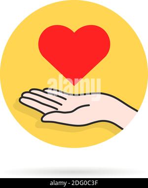 Rundes gelbes Charity-Logo mit Herz in der Hand Stock Vektor