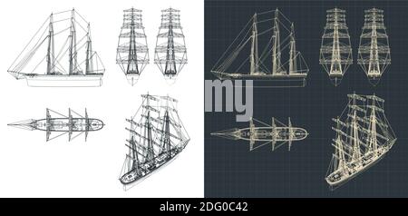 Stilisierte Vektordarstellung einer Zeichnung eines großen Dreimast-Segelbootes, mit den Segeln nach unten Stock Vektor