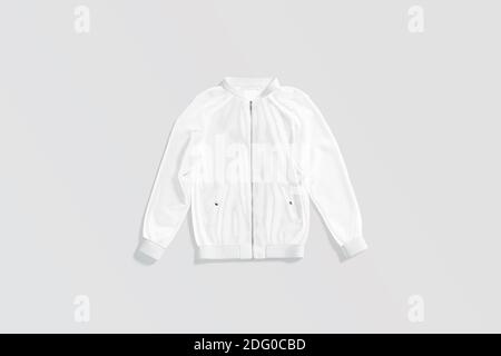 Blank weiße Bomberjacke Mockup liegend, grauer Hintergrund, 3d-Rendering. Leerer militärischer Jerkin oder Windcheater-Nachbau, Draufsicht. Klare Sportbaumwolle oder s Stockfoto