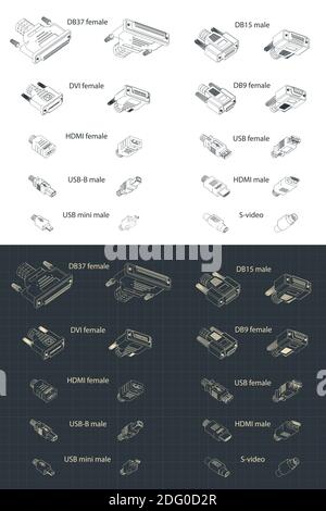 Stilisierte Vektordarstellung eines Interface Plug-and-Sockets isometrische Zeichnung Mini Setzen Stock Vektor