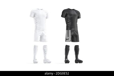 Blank schwarz und weiß Fußball Uniform Mockup Set, Seitenansicht, 3d-Rendering. Leere professionelle Duffle für Fußball-Teamspieler Nachbau, isoliert. Klar Stockfoto