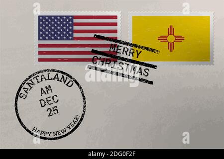 Briefmarkenumschlag mit New Mexico und USA Flagge und Weihnachten und Neujahr Briefmarken, Vektor Stock Vektor
