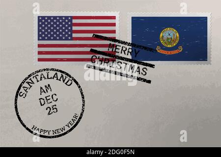 Briefmarkenumschlag mit Idaho und USA Flagge und Weihnachts- und Neujahrsmarken, Vektor Stock Vektor