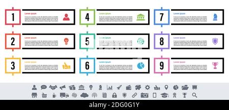 Infografik design Business Konzept Vector Illustration mit 9 Schritte und Optionen oder Prozesse, Arbeitsabläufe oder Diagramm oder Web button Banner dar Stock Vektor