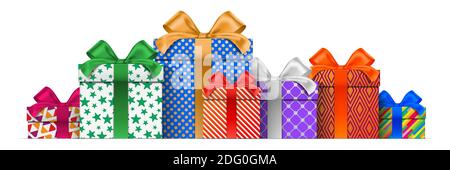 Geschenkschachteln in verschiedenen Höhen, mit bunten Verpackungsmustern, isoliert auf dem weißen Hintergrund stehend. Horizontales Vektorbanner mit beiliegenden Präsenten-Boxen. Stock Vektor