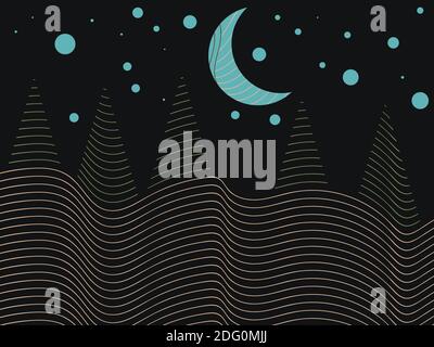Nachtlandschaft im minimalistischen Stil mit Sternenhimmel, Linienkunst. Boho-Dekor für Drucke, Poster und Inneneinrichtung. Moderne Einrichtung aus der Mitte des Jahrhunderts. Vecto Stock Vektor