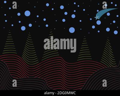 Nachtlandschaft im minimalistischen Stil mit Sternenhimmel, Linienkunst. Boho-Dekor für Drucke, Poster und Inneneinrichtung. Moderne Einrichtung aus der Mitte des Jahrhunderts. Vecto Stock Vektor