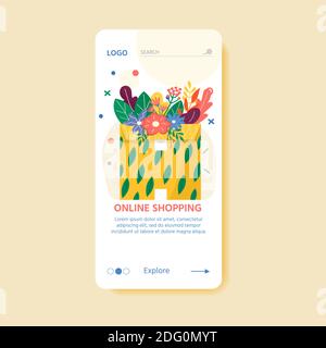 Vorlage für Online-Lieferdienstkonzept mit Kartonverpackungen und Liefersymbolen. Webseite mit Postpaketen, Packungen, Schachteln, Briefen, Umschlägen. Stock Vektor