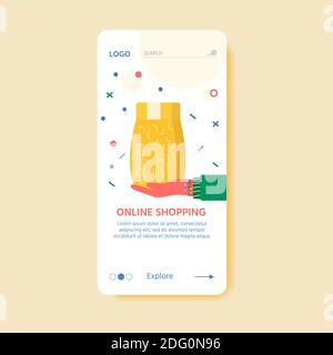 Vorlage für Online-Lieferdienstkonzept mit Kartonverpackungen und Liefersymbolen. Webseite mit Postpaketen, Packungen, Schachteln, Briefen, Umschlägen. Stock Vektor