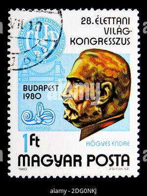 MOSKAU, RUSSLAND - 16. MAI 2018: Eine in Ungarn gedruckte Briefmarke zeigt Doktor Endre Hogyes, 28. Physiologischer Weltkongress in Budapest Serie, um 1980 Stockfoto