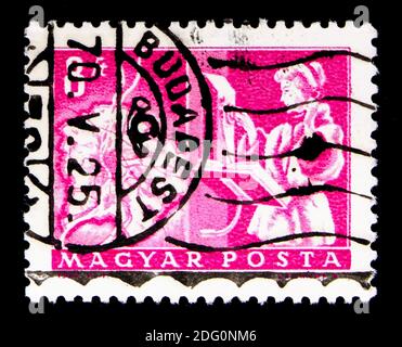 MOSKAU, RUSSLAND - 16. MAI 2018: Eine in Ungarn gedruckte Briefmarke zeigt Karte von Budapest und automatische Telefonwahl, Transport und Telekommunikation Serie, circa Stockfoto