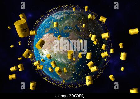 Gelbe Fässer nuklearen Abfalls umkreisen den Planeten Erde Stockfoto