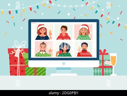 Online-weihnachtsfeier. Gruppe von Menschen treffen sich per Videokonferenz an Weihnachten. Stock Vektor