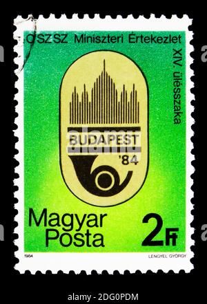 MOSKAU, RUSSLAND - 16. MAI 2018: Eine in Ungarn gedruckte Briefmarke zeigt 14. Postministerkonferenz, Budapest, Veranstaltungsserie, um 1984 Stockfoto
