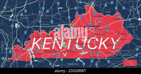 Kentucky State detaillierte editierbare Karte mit Städten und Städten, geografischen Standorten, Straßen, Eisenbahnen, Autobahnen und US-Autobahnen. Vector EPS-10-Datei, tren Stock Vektor