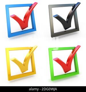 3D Kontrollkästchen mit Häkchen Satz isoliert auf weiss Stockfoto