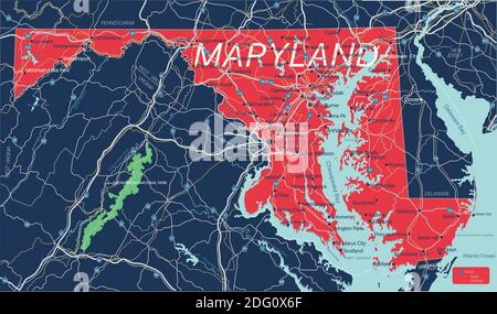 Maryland State Detaillierte bearbeitbare Karte mit Städten und Städten, geografischen Standorten, Straßen, Eisenbahnen, Autobahnen und US-Autobahnen. Vector EPS-10-Datei, tren Stock Vektor