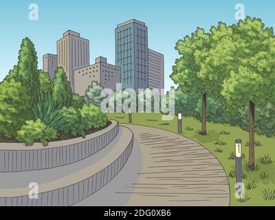 Park Grafik Farbe Stadt Landschaft Skizze Illustration Vektor Stock Vektor