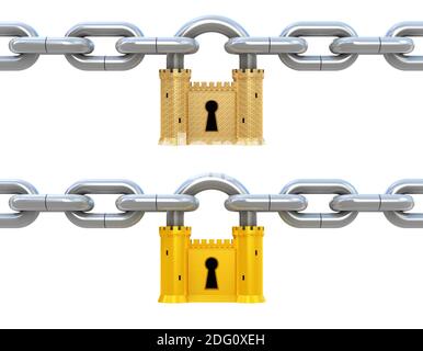 Security-Konzept. Schloss als Festung und Kette isoliert auf weiss Stockfoto