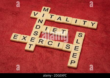 Vitalität, Denkweise, Bewegung, Ernährung und Schlaf Kreuzworträtsel in Elfenbein Buchstaben Fliesen gegen strukturierte handgemachte Papier, gesunde Lebensweise Konzept Stockfoto