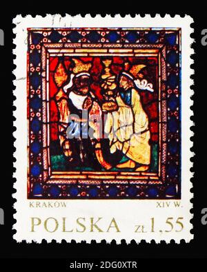 MOSKAU, RUSSLAND - 18. AUGUST 2018: Eine in Polen gedruckte Briefmarke zeigt zwei Könige, 14. Jahrhundert, Glasfenster Serie, um 1971 Stockfoto