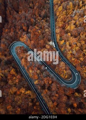 Luftaufnahme der Landstraße durch den bunten Herbst Wald und Berge Stockfoto