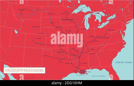 Mississippi River Basin in den USA detaillierte editierbare Vektorkarte, Trend Farbschema Stock Vektor