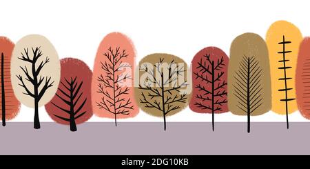 Herbstbäume nahtlose Grenze. Herbst Blätter und Bäume, wiederholende Muster, stilisierte Bäume, Blätter . Minimalistischer Stil. Als Fußzeile, Banner, Multifunktionsleiste verwenden Stockfoto