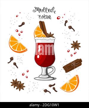 Roter Glühwein mit Gewürzen und Früchten in Glas Vektorgrafik in flachem Stil. Traditionelles Weihnachts- oder Neujahrsgetränk auf weißem Hintergrund Stock Vektor
